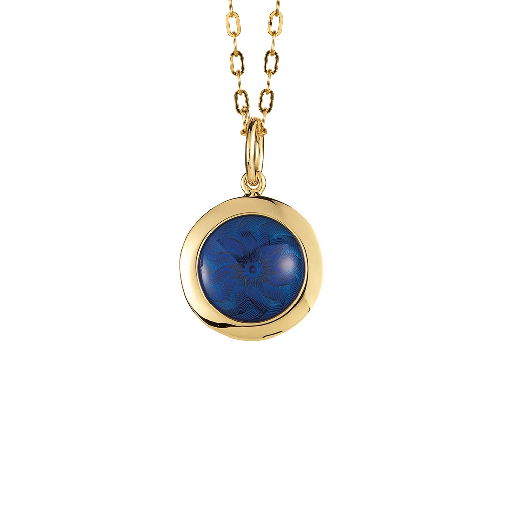 Runder Anhänger Trance aus Gelbgold mit konkav gewölbter königsblauer Feueremaille über Windmühlen Guilloché, Durchmesser 12,5 mm.