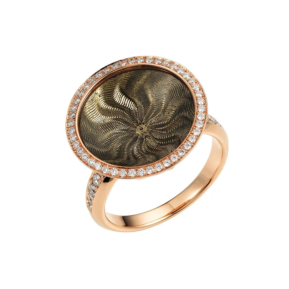 Trance ring in rose gold with yellow gold base, concave translucent tahiti-grey enamel over windmill guilloché and a surrounding diamond circle, diameter 18.4 mm.