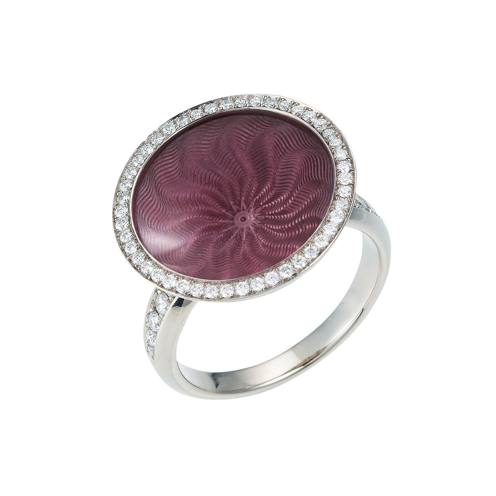 Ring Trance aus Weißgold mit gelbgoldener Basis unter der konkav gewölbten rosa Feueremaille, Windmühlen Guilloché und umlaufendem Brillantkranz, Ringkopf Durchmesser 18,4 mm.