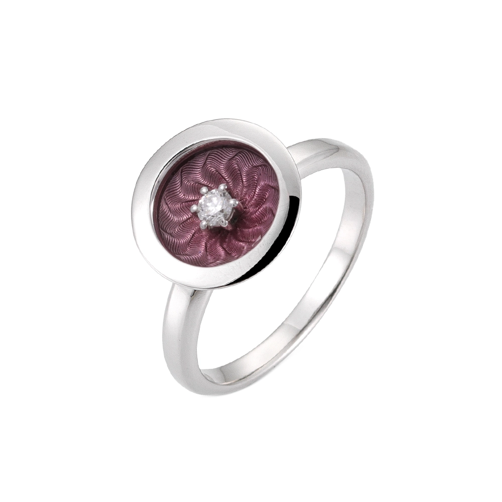 Ring in white gold with a round ring head. The ring head is concave and covered with translucent pink vitreous enamel, beneath which a fine windmill guilloché pattern is visible. A single small diamond is set at the centre of the enamel surface as a subtle focal point. The design appears calm, geometric, and balanced.