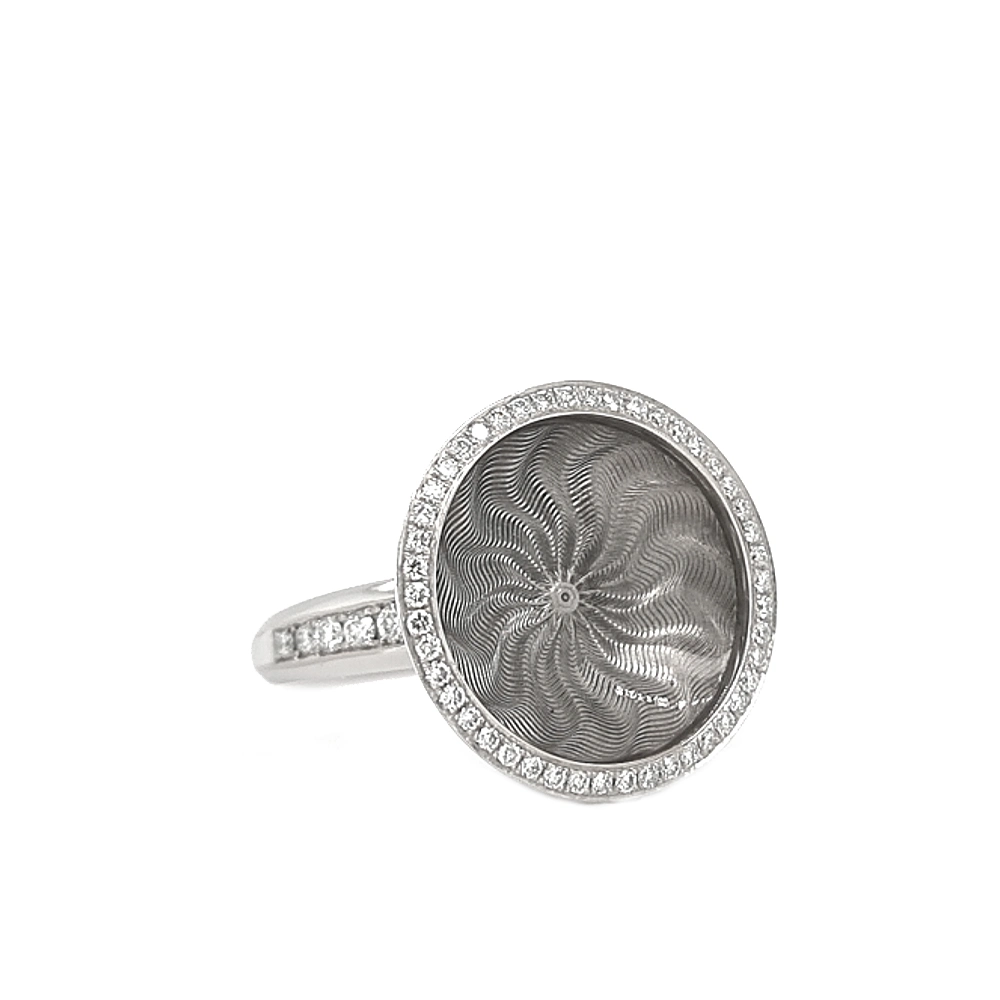 Trance ring in white gold with concave translucent tahiti-grey enamel over windmill guilloché and a surrounding diamond circle, diameter 18.4 mm.