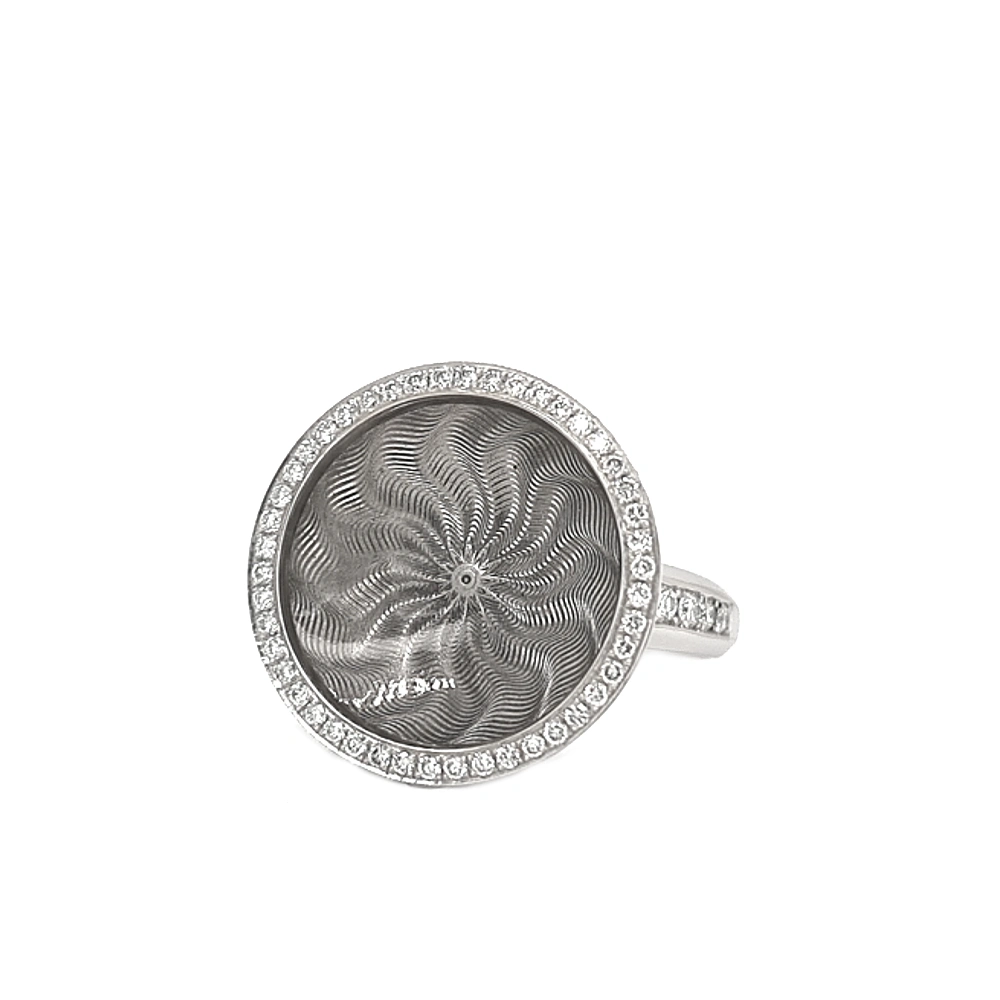 Trance ring in white gold with concave translucent tahiti-grey enamel over windmill guilloché and a surrounding diamond circle, diameter 18.4 mm.