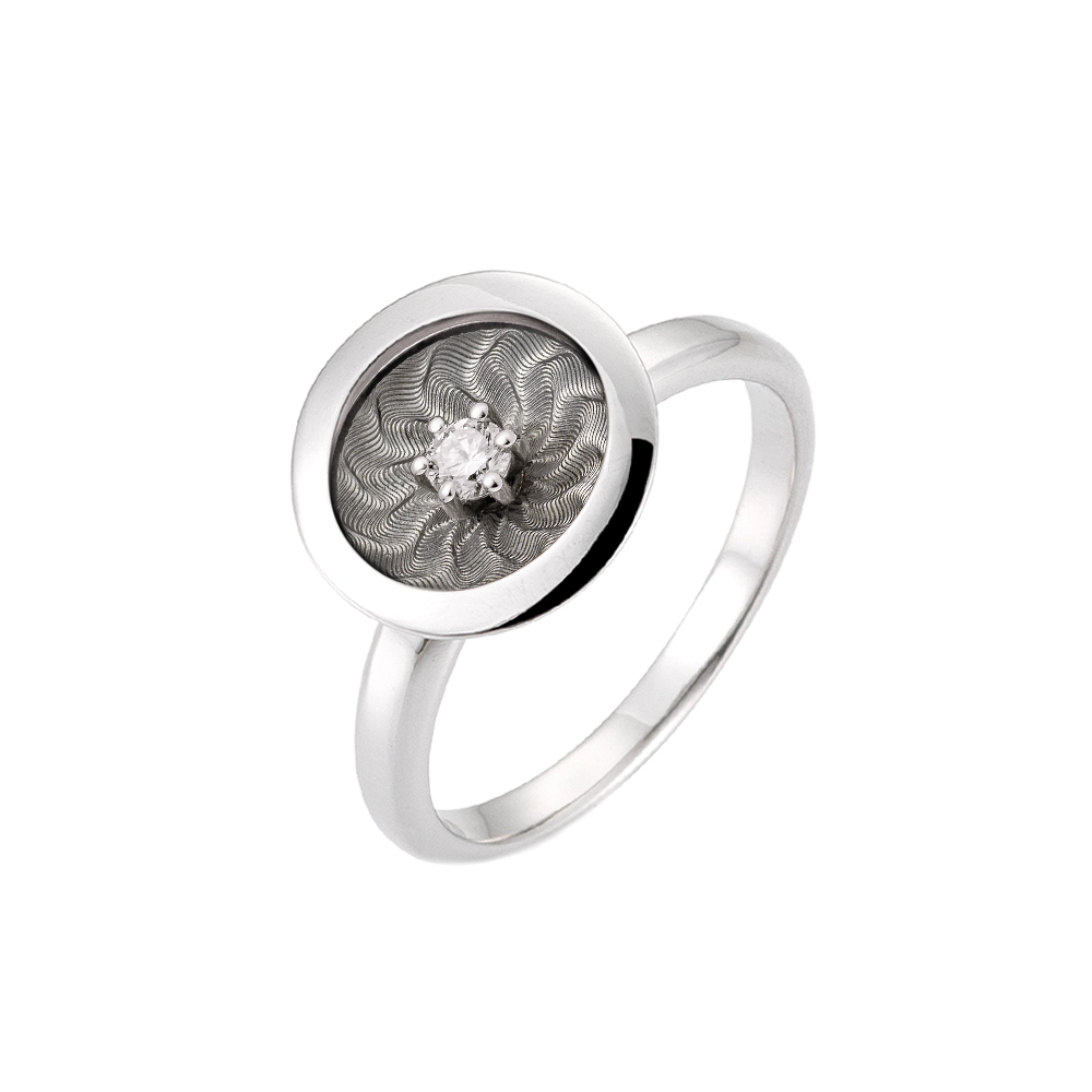 Ring in white gold with a round ring head. The ring head is concave and covered with translucent tahiti-grey vitreous enamel, beneath which a fine windmill guilloché pattern is visible. A single small diamond is set at the centre of the enamel surface as a subtle focal point. The design appears calm, geometric, and balanced.