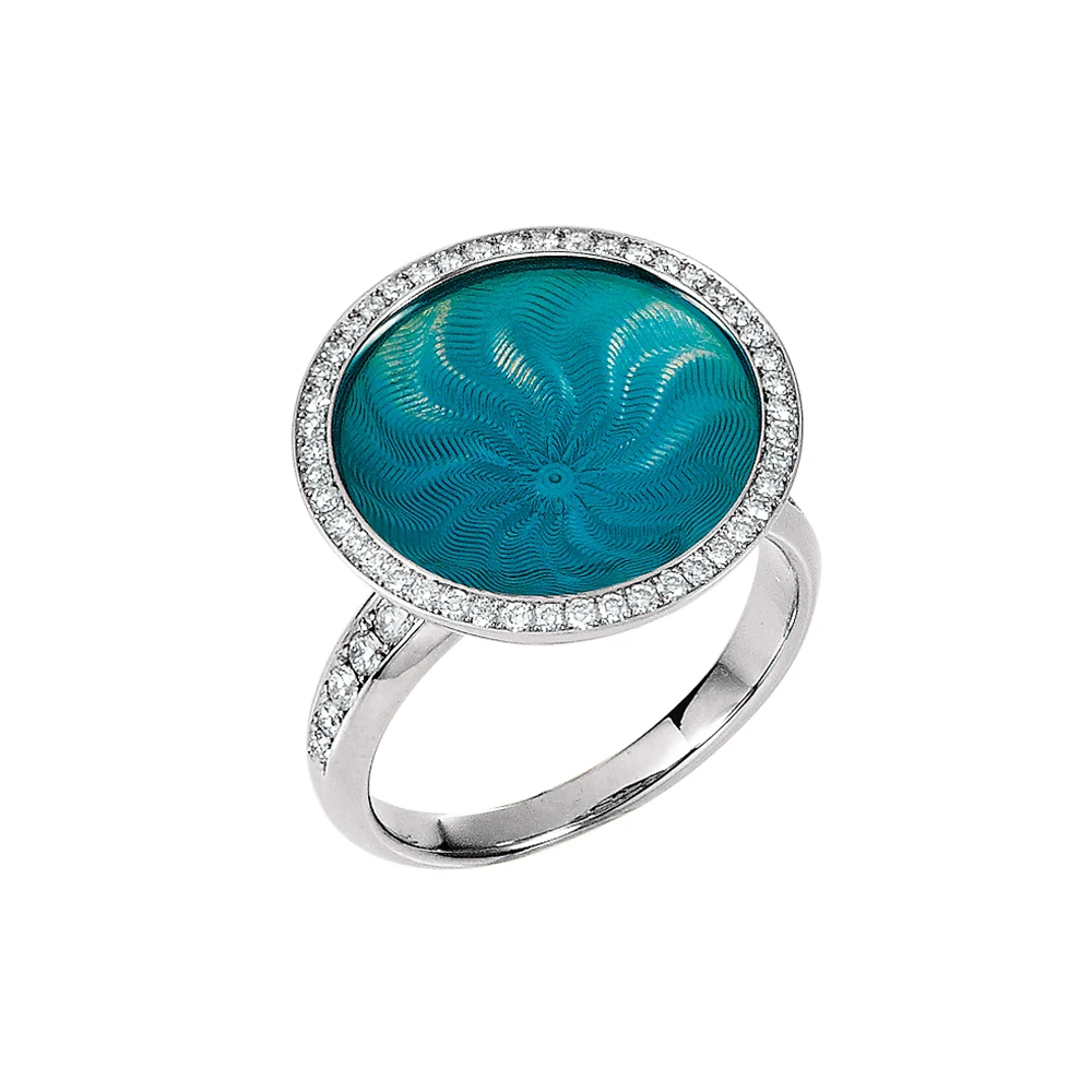 Ring Trance aus Weißgold mit gelbgoldener Basis unter der konkav gewölbten türkisfrabenen Feueremaille, Windmühlen Guilloché und umlaufendem Brillantkranz, Ringkopf Durchmesser 18,4 mm.