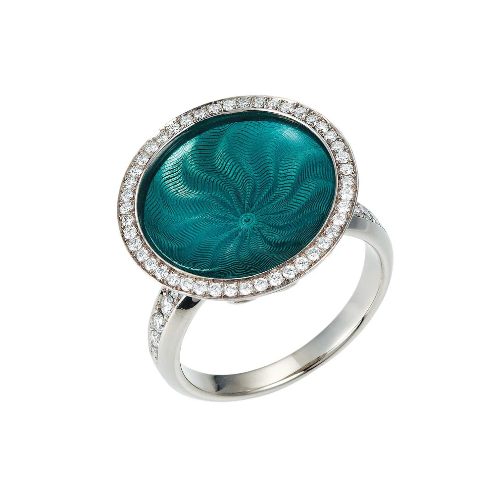 Ring Trance aus Weißgold mit gelbgoldener Basis unter der konkav gewölbten türkisfarbenen Feueremaille, Windmühlen Guilloché und umlaufendem Brillantkranz, Ringkopf Durchmesser 18,4 mm.