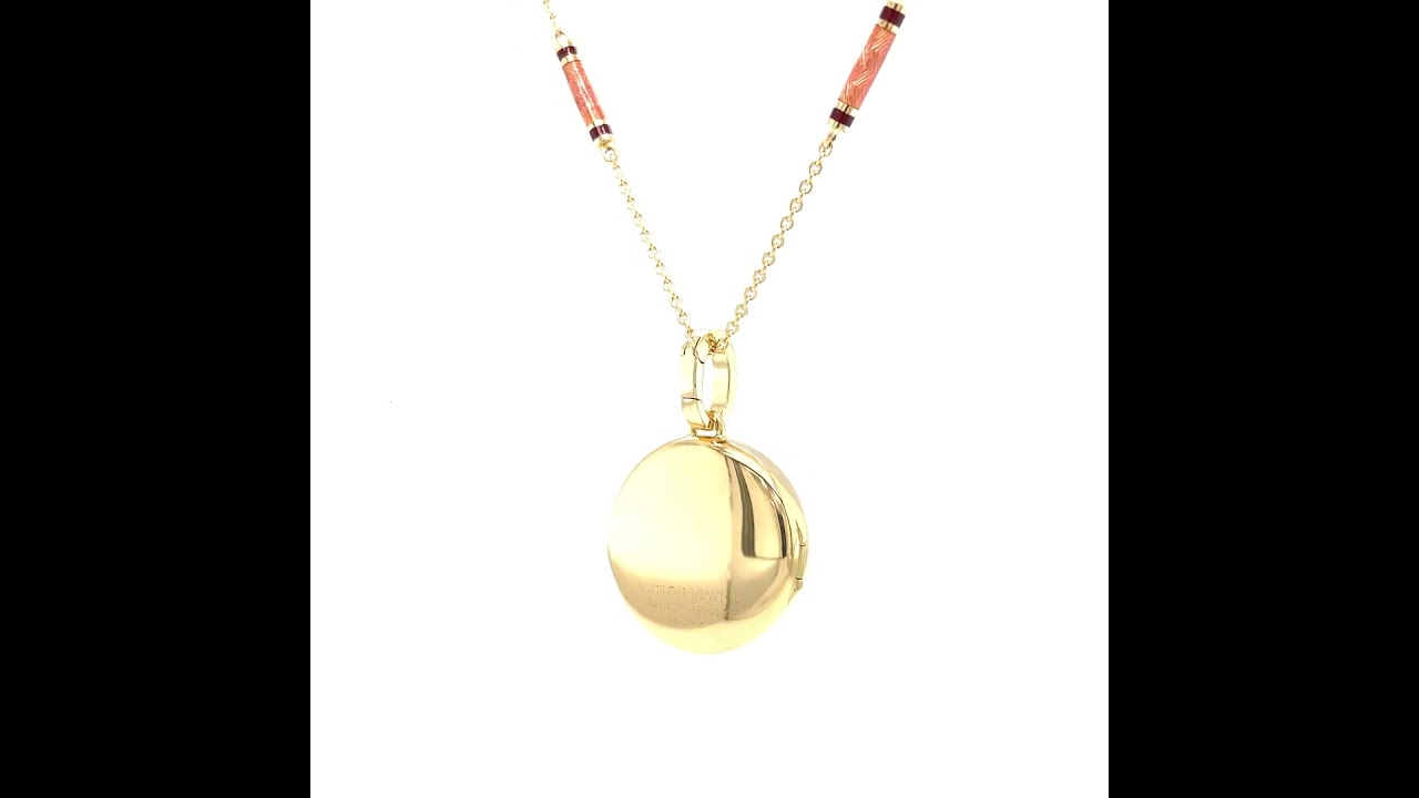Round locket necklace Hallmark, 750/- yellow gold, pink enamel, diamond, Ø 21 mm, 48169/G7/00/00/102