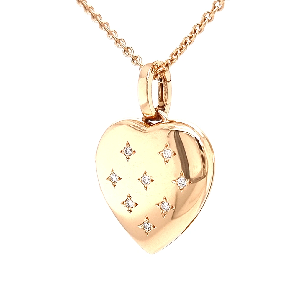 Heart shaped locket necklace in rose gold, decorated with diamonds