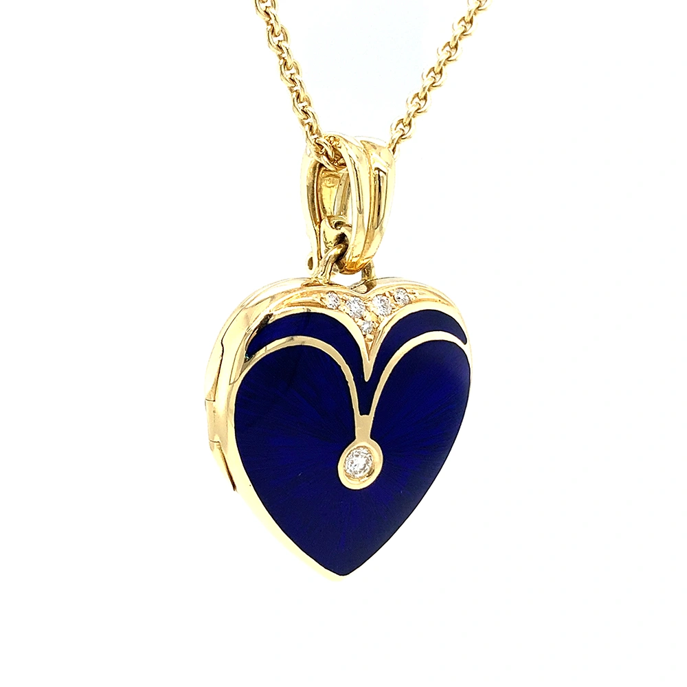 Herzförmiges Medaillon-Collier aus Gelbgold, dunkelblau lackiert und mit Brillanten besetzt