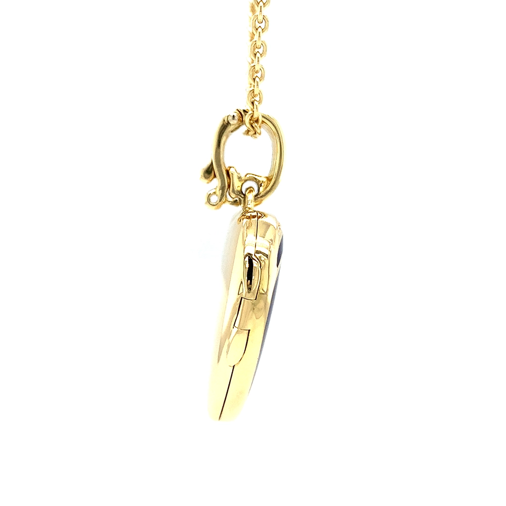 Herzförmiges Medaillon-Collier aus Gelbgold, dunkelblau lackiert und mit Brillanten besetzt