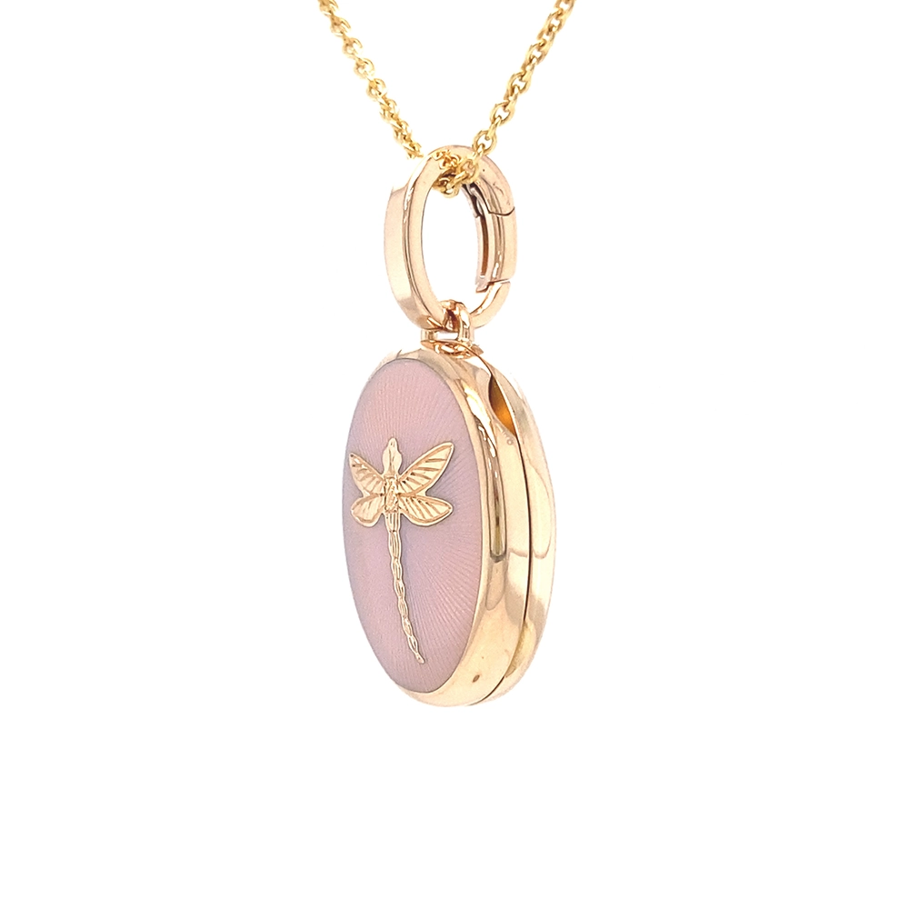 Ovales Medaillon-Collier in Roségold rosaner lackeirung und stilisierter Libelle
