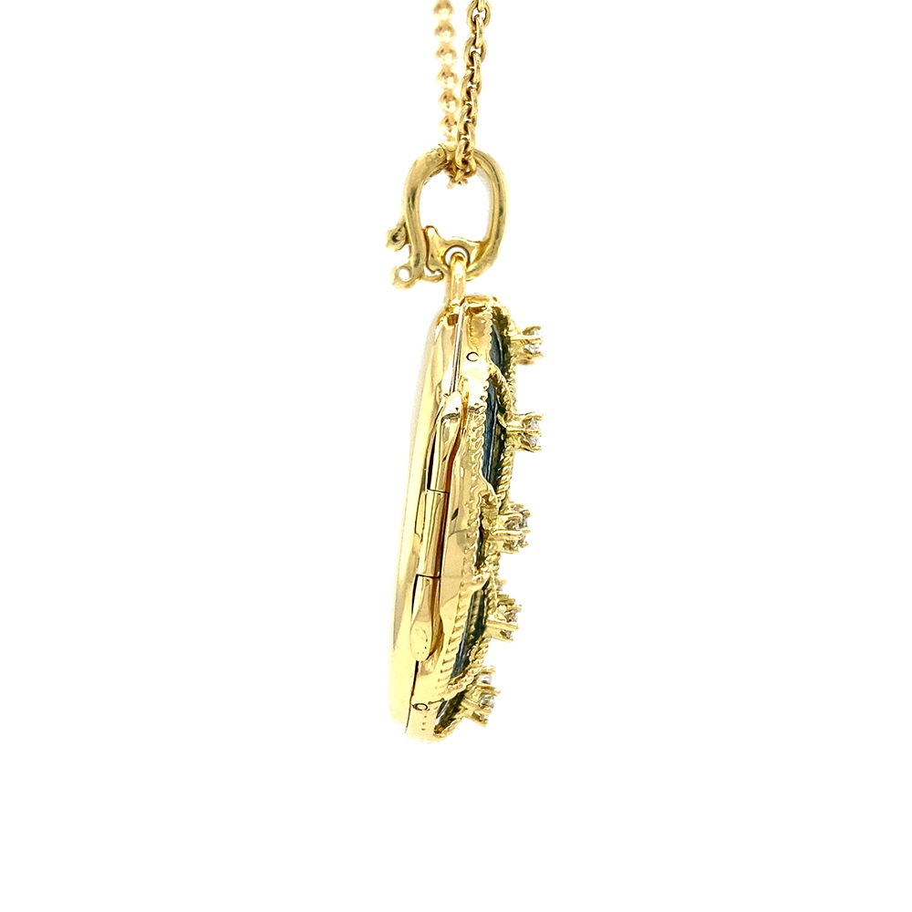 Ovales Medaillon-Collier in Gelbgold, hellblau lackiert und mit Brilllanten bestezt