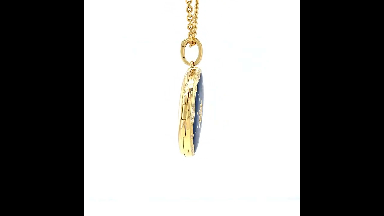 Oval locket necklace, 750/- yellow gold, blue enamel, 37 diamonds, 32 x 23 mm, V1757/PE/00/00/102