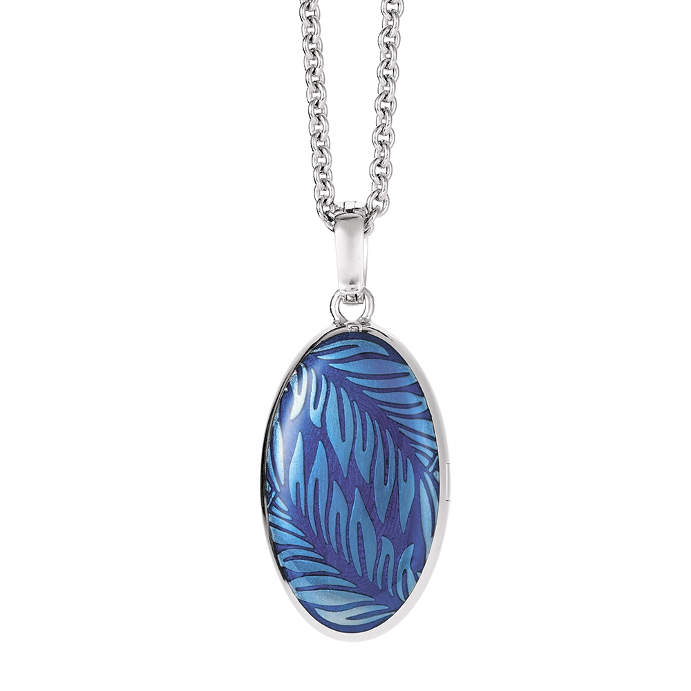 Oval pendant in white gold, with blue color and diamonds.