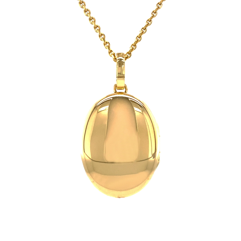 Ovaler Medaillon-Anhänger aus Gelbgold, blau lackiert mit goldenen Rauten und einem mit Brillanten besetzten Unendlichkeitssymbol in der Mitte.
