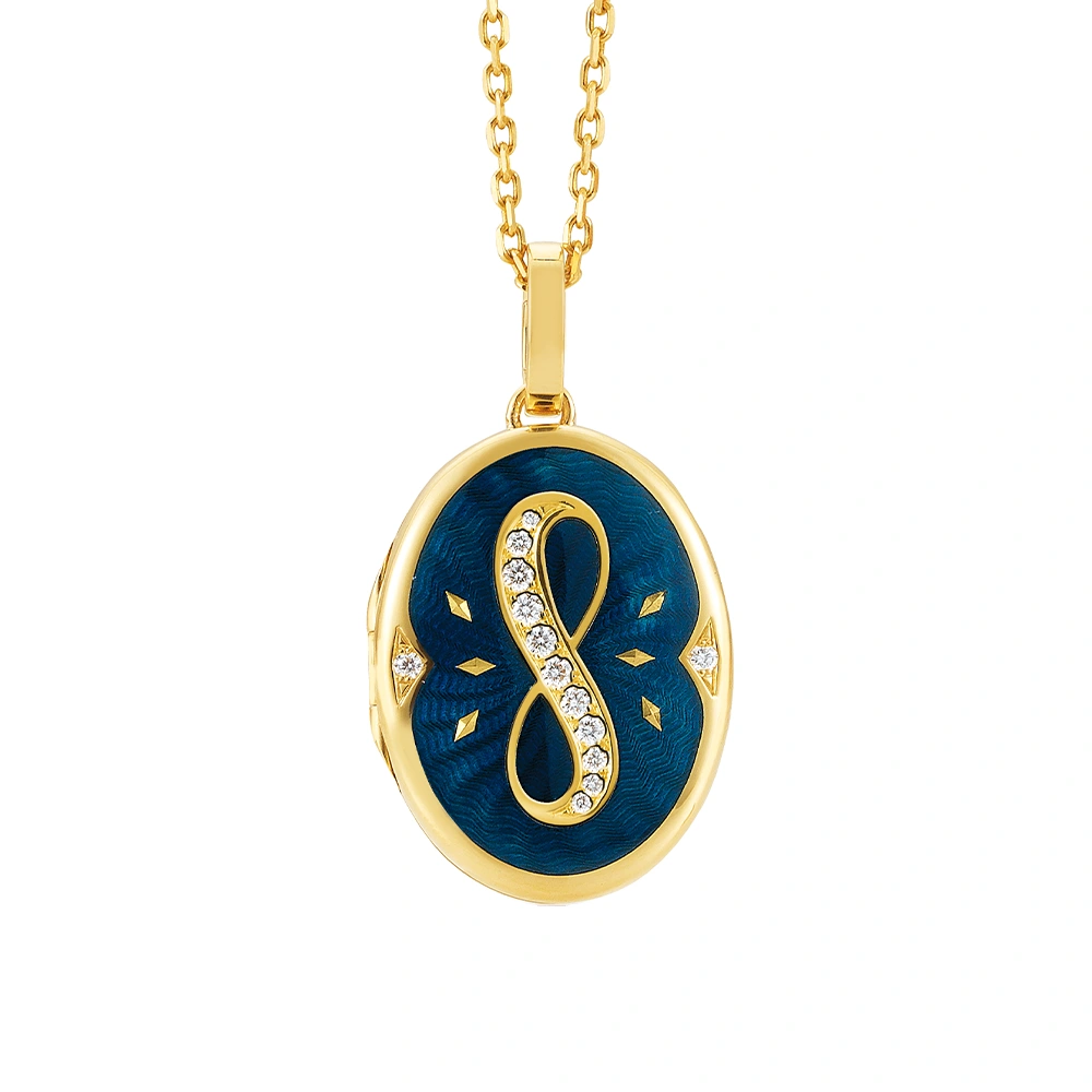 Ovaler Medaillon-Anhänger aus Gelbgold, blau lackiert mit goldenen Rauten und einem mit Brillanten besetzten Unendlichkeitssymbol in der Mitte.