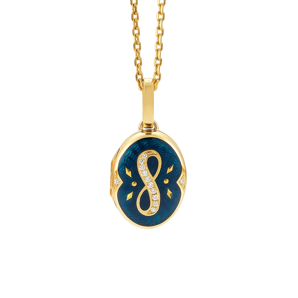 Ovaler Medaillon-Anhänger aus Gelbgold, blau lackiert mit goldenen Rauten und einem mit Brillanten besetzten Unendlichkeitssymbol in der Mitte.