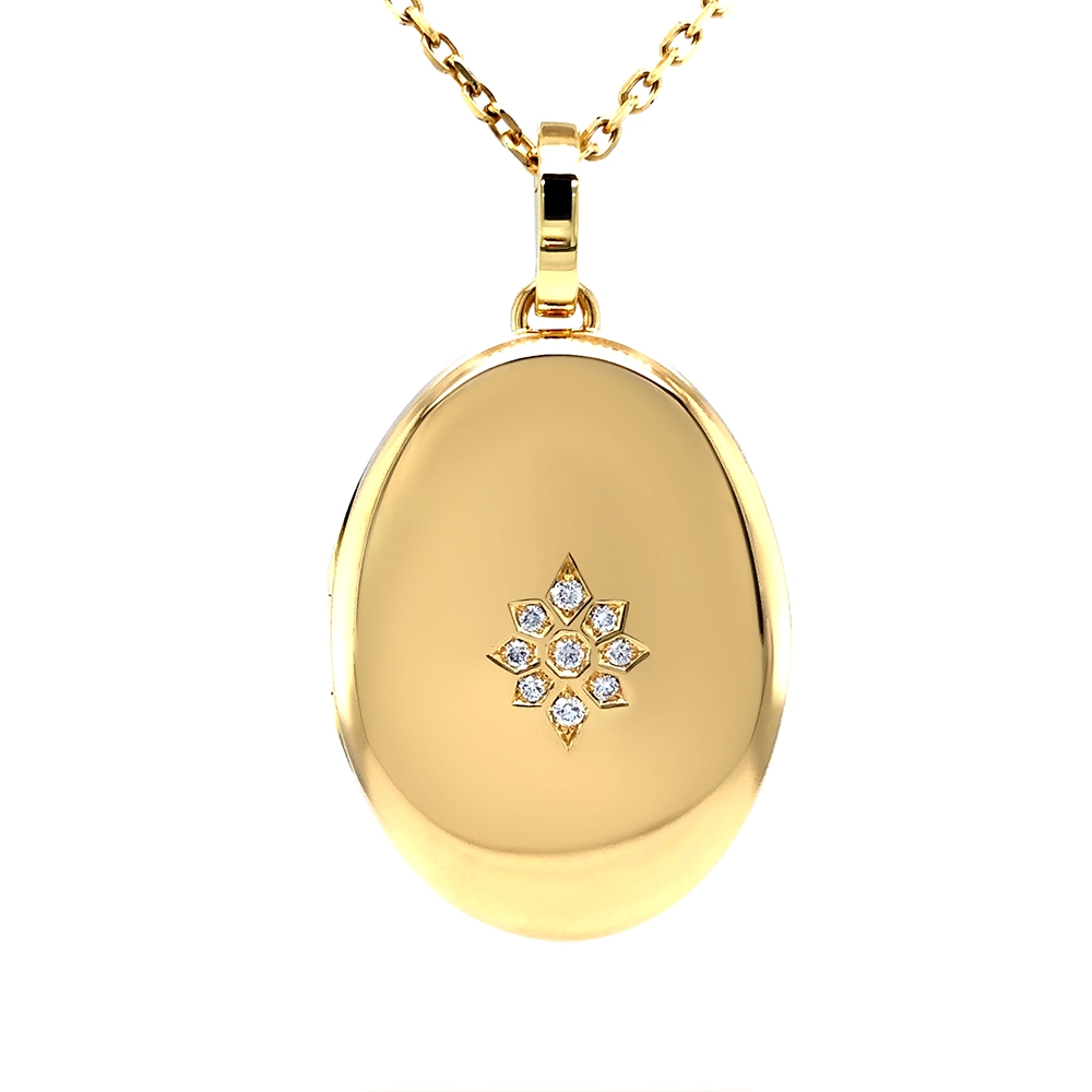 Ovaler Medaillon-Anhänger in Gelbgold mit sternförmig gefassten Brillanten.