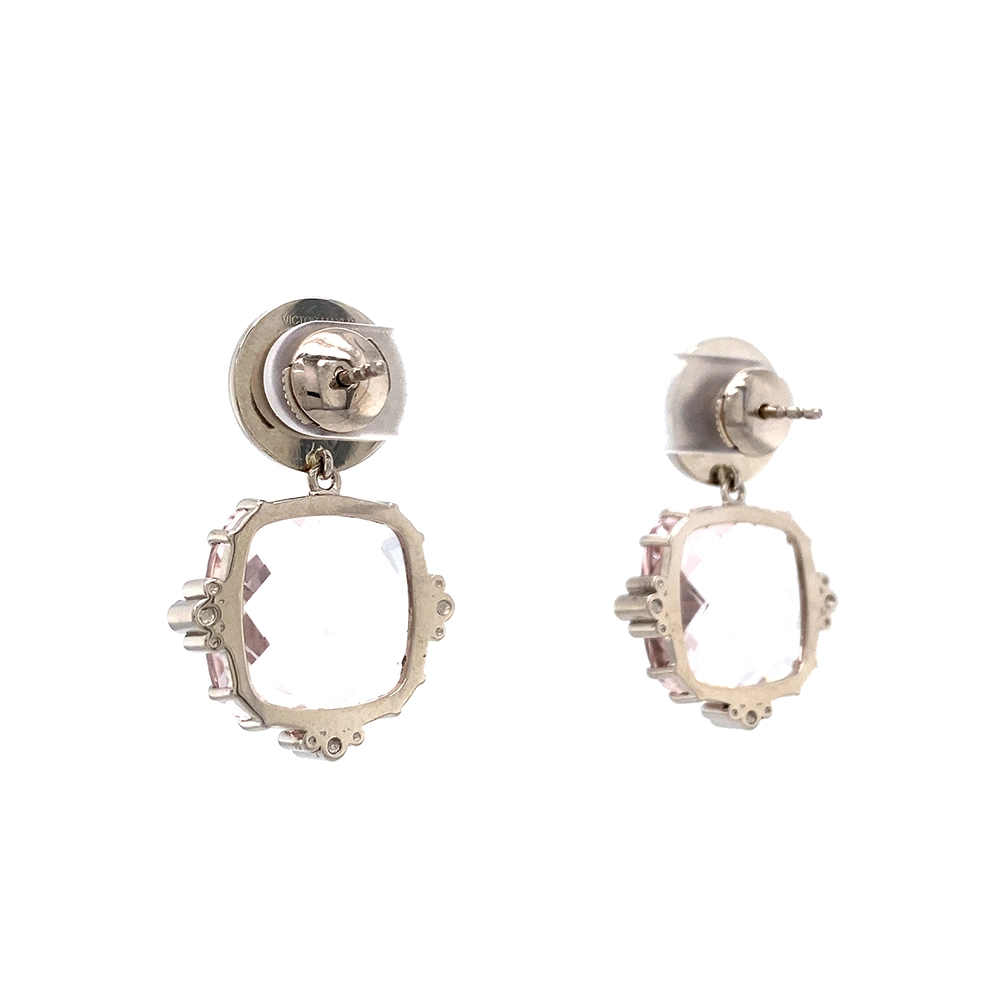 Pair of white-gold earrings with large pink cushion-cut morganites, round Tahitian grey enamel boutons and diamond-set claws.