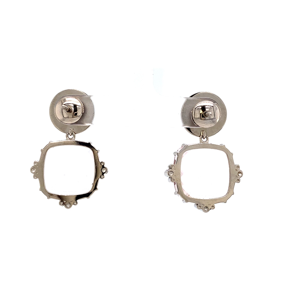 Pair of white-gold earrings with large pink cushion-cut morganites, round Tahitian grey enamel boutons and diamond-set claws.