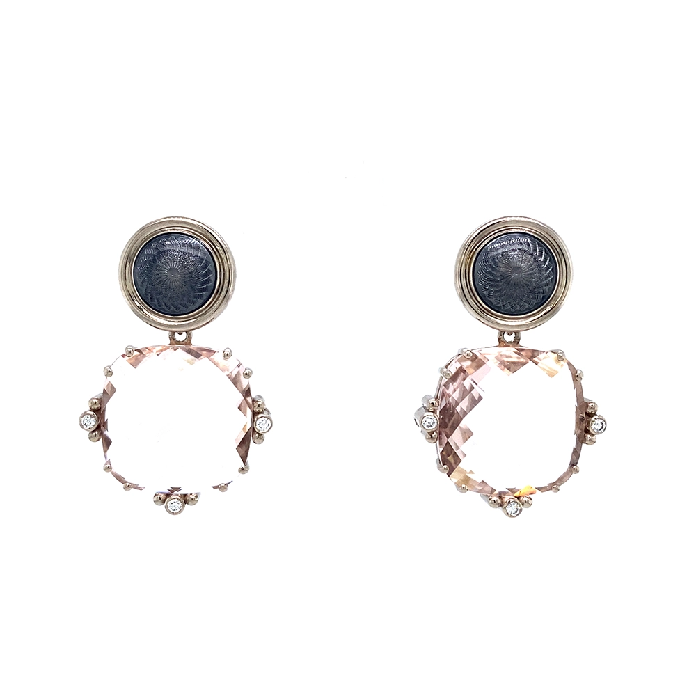 Pair of white-gold earrings with large pink cushion-cut morganites, round Tahitian grey enamel boutons and diamond-set claws.