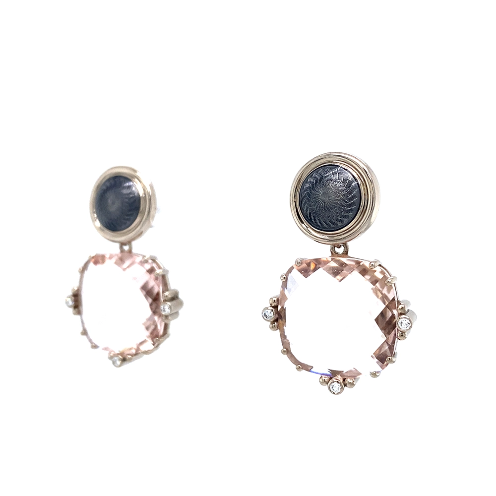 Pair of white-gold earrings with large pink cushion-cut morganites, round Tahitian grey enamel boutons and diamond-set claws.