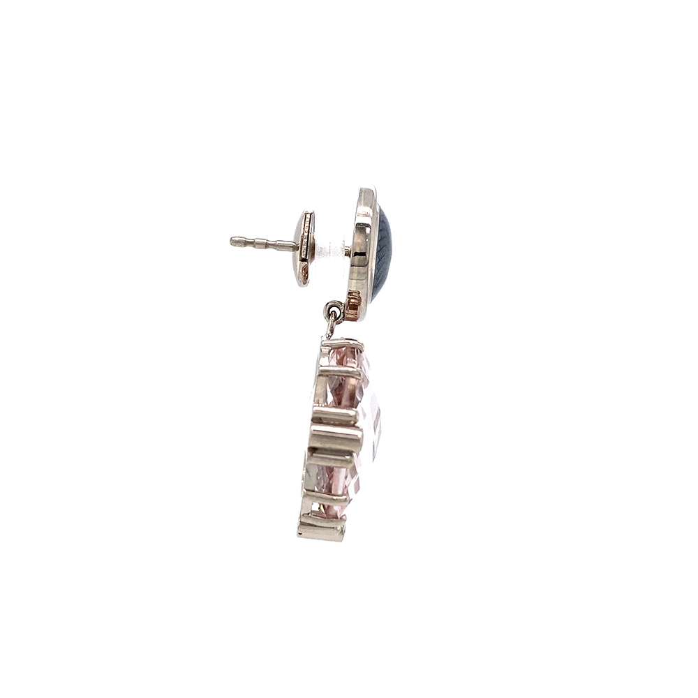 Pair of white-gold earrings with large pink cushion-cut morganites, round Tahitian grey enamel boutons and diamond-set claws.