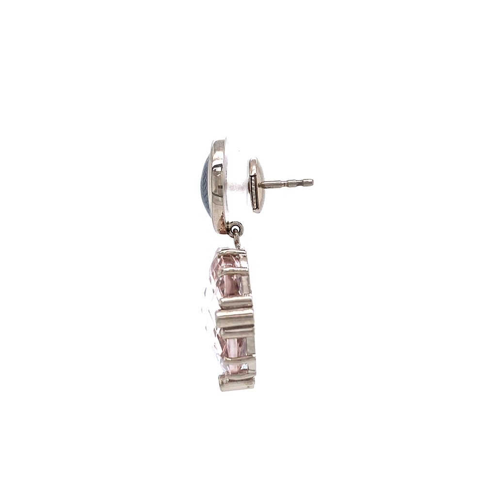 Pair of white-gold earrings with large pink cushion-cut morganites, round Tahitian grey enamel boutons and diamond-set claws.